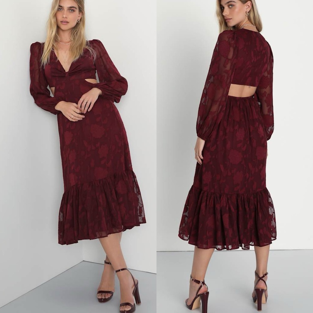 Lulus | Desired Aesthetic Wine Red Floral Burnout Long Sleeve Midi Dress